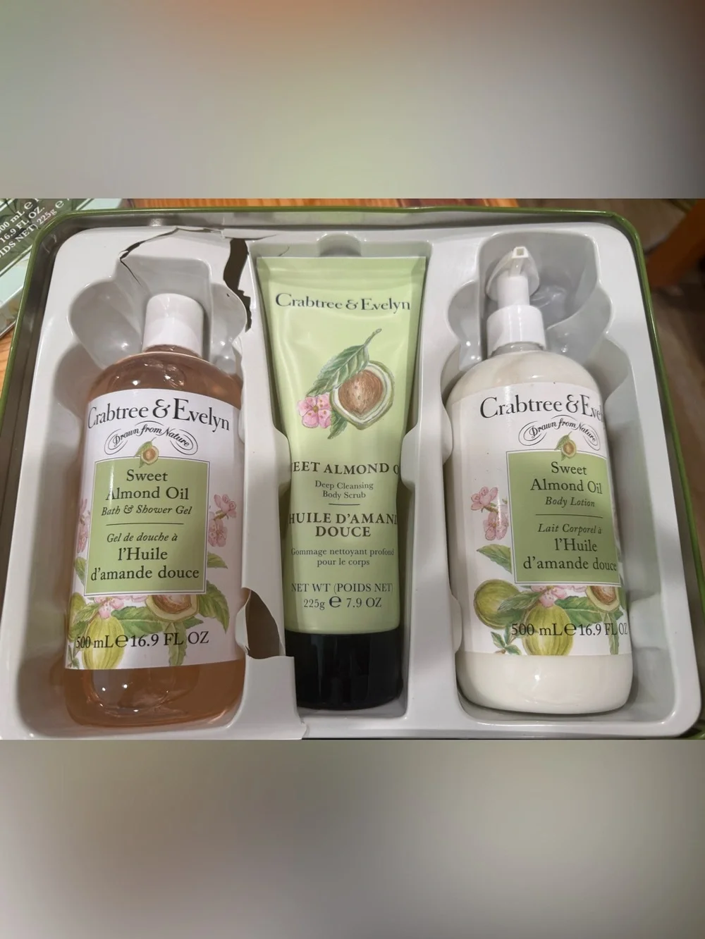 Crabtree And Evelyn SWEET ALMOND OIL Bath & Body Scrub Trio Set Tin Dented** New